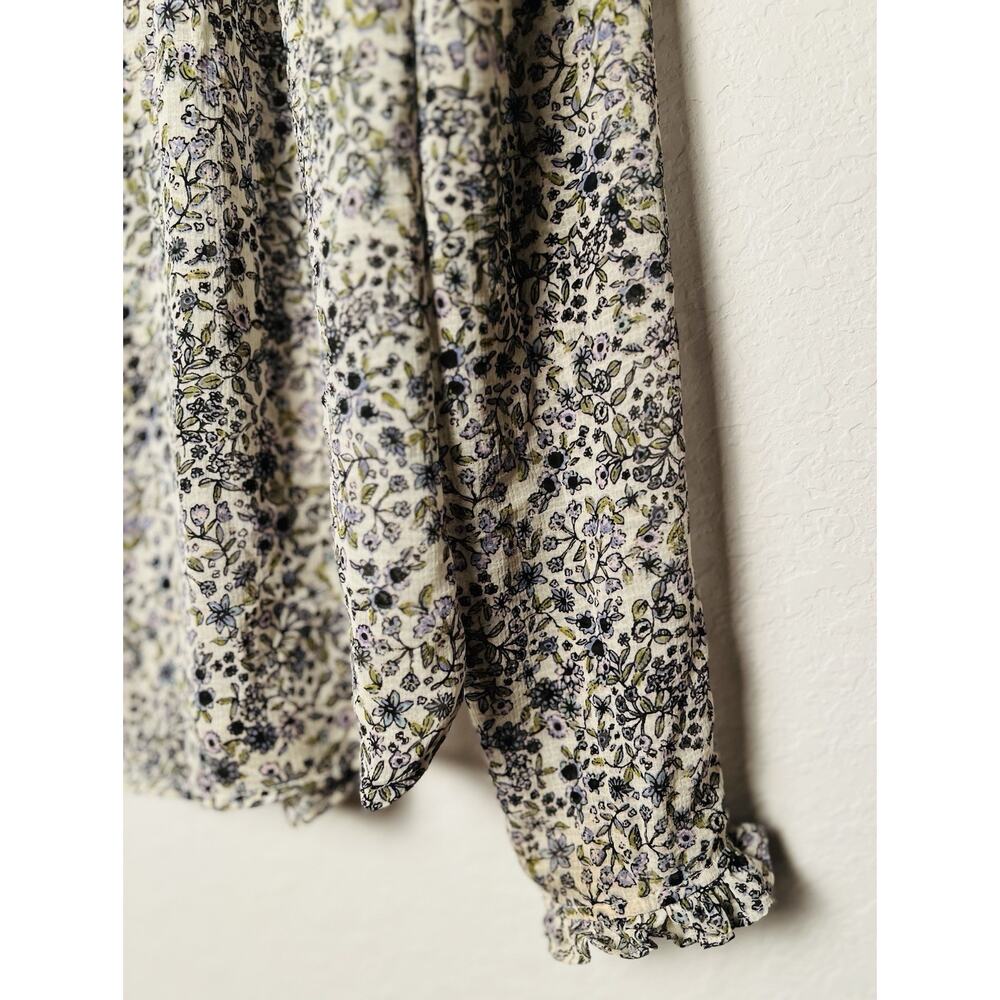 Free People Ditsy Floral Smocked Blouse Sz S Ruffle Tie Neck Boho Office Chic - Picture 5 of 12